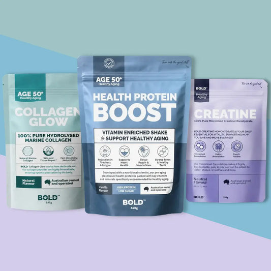 Collagen Glow on the left, Health Protein Boost in the center, and Creatine on the right.